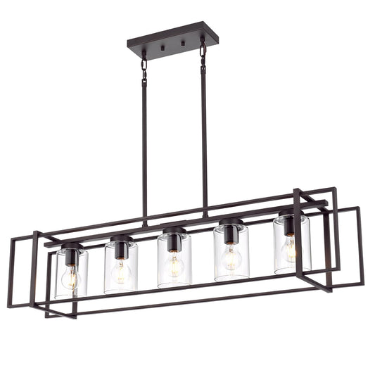 Lucidce 5-Light Industrial Pendant Light, Oil-Rubbed Bronze, Adjustable, Iron, Rectangular Frame, Model 011P-OB, Transparent Glass Shades