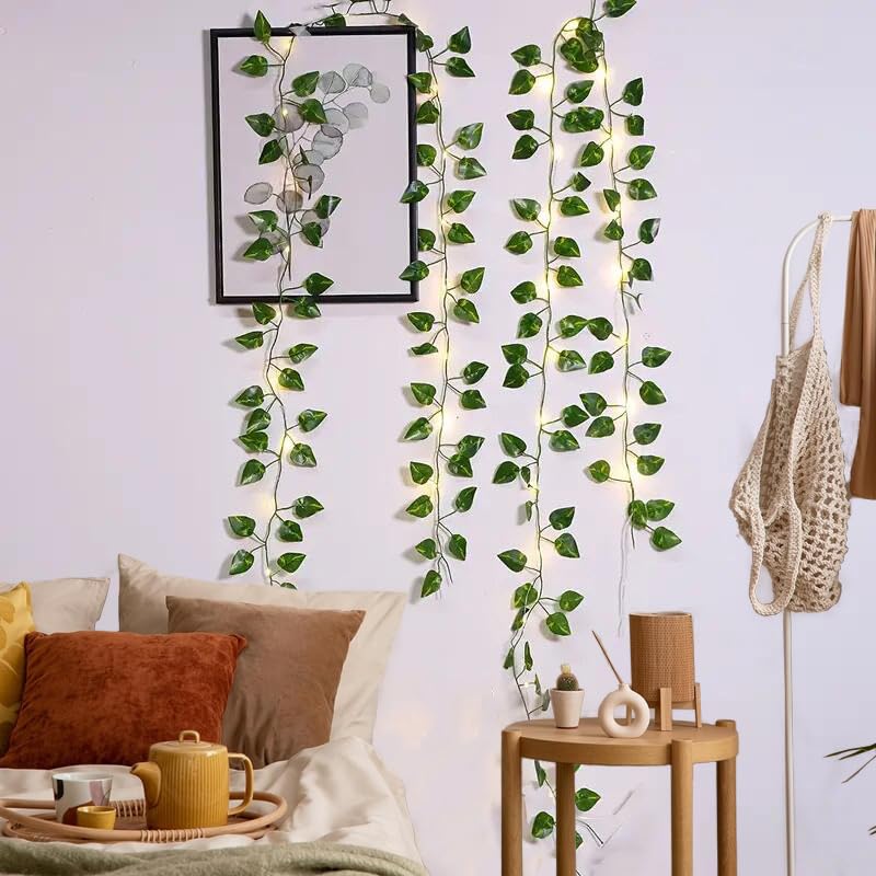 MVOVM LED Fairy Lights Vine, 20 Lights, 6.6ft Pothos Garland, Green, Artificial Hanging Plant Decor for Bedroom, Wedding, Party