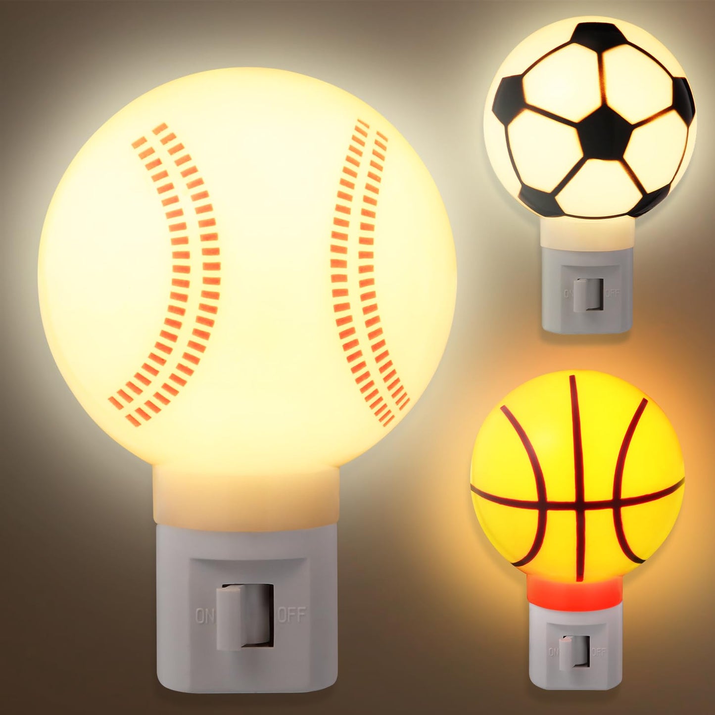 Dreyoo 3 Pack Sport Ball Nightlights - Warm White Plug-in Lamps for Bathroom, Hallway, Living Room - Orange, Black, White, Red