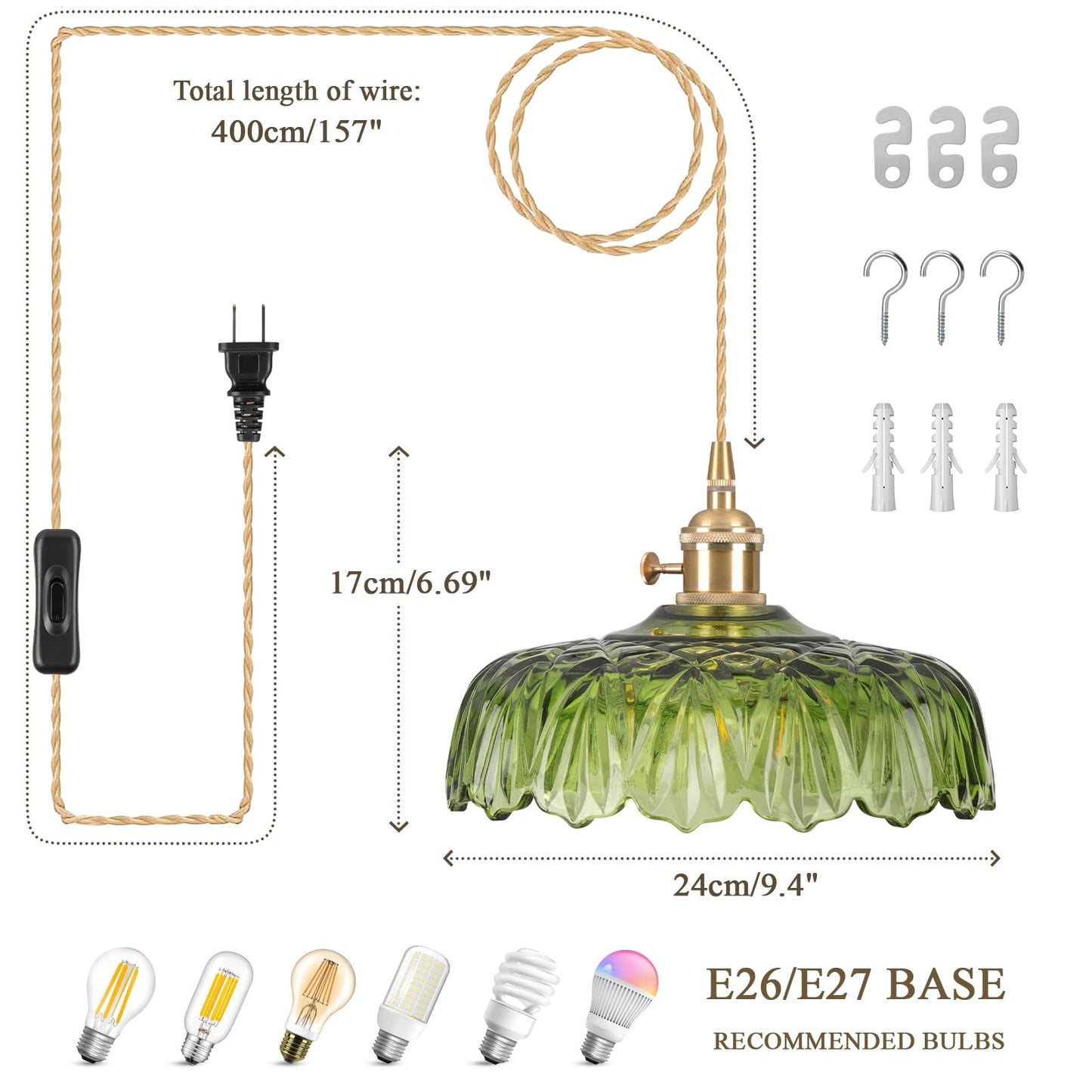 Loiogohot Plug in Pendant Light Fixture, Green Glass, E26, 9.4in, Model BN1167-GN-PI for Kitchen, Bedroom, Dining Room, Living Room