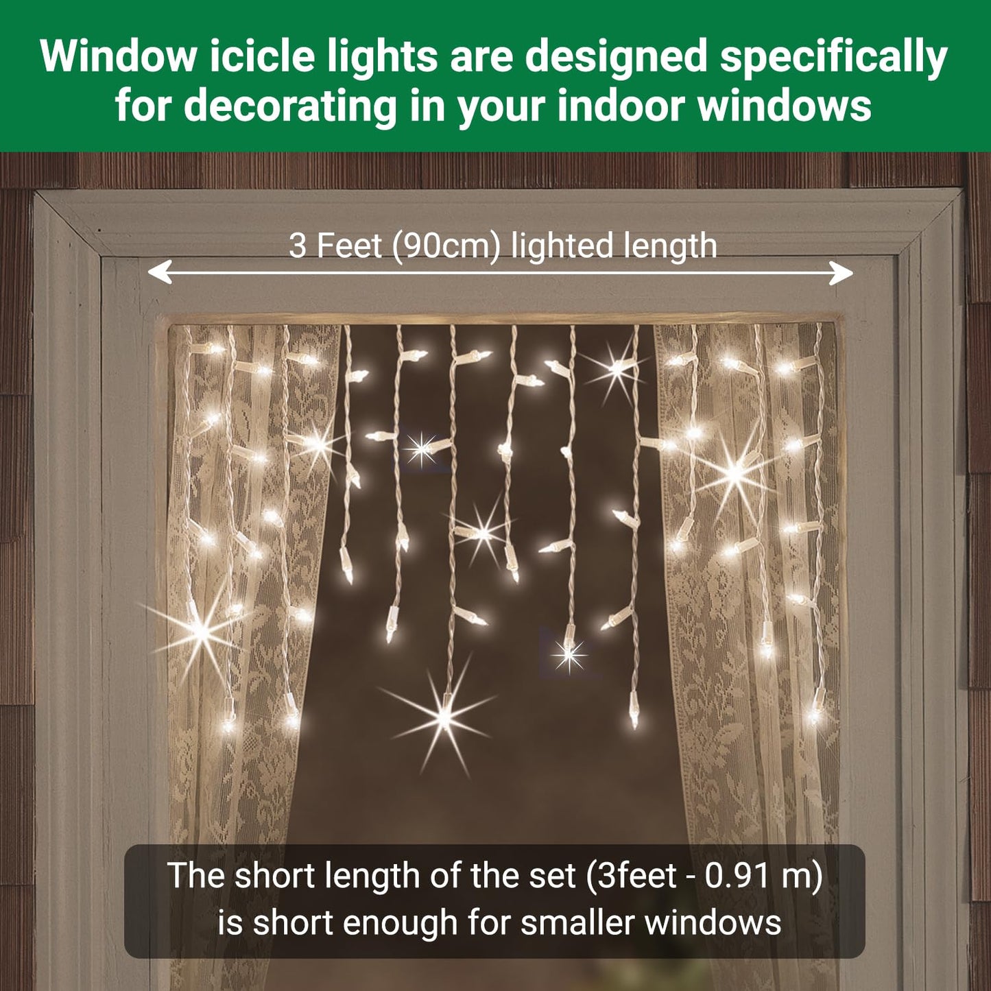 Tupkee Twinkle Window Icicle Lights - 50 Clear Bulbs, 3 Feet, Indoor/Outdoor, Model GSIZA-50A