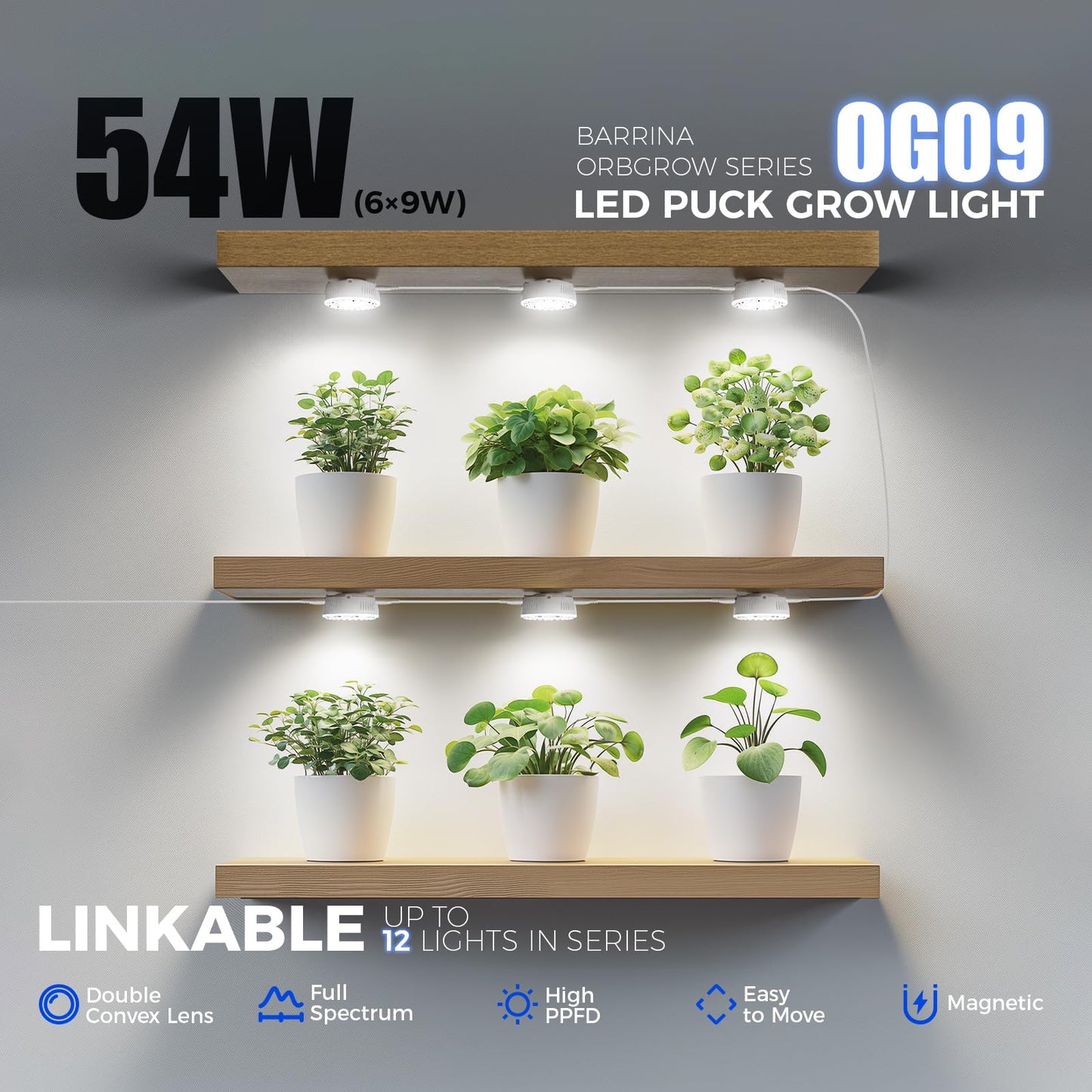 Barrina Puck Grow Light, Full Spectrum 5000K, 54W, 6 Packs with Timer, Model OG09-6T, Aluminum