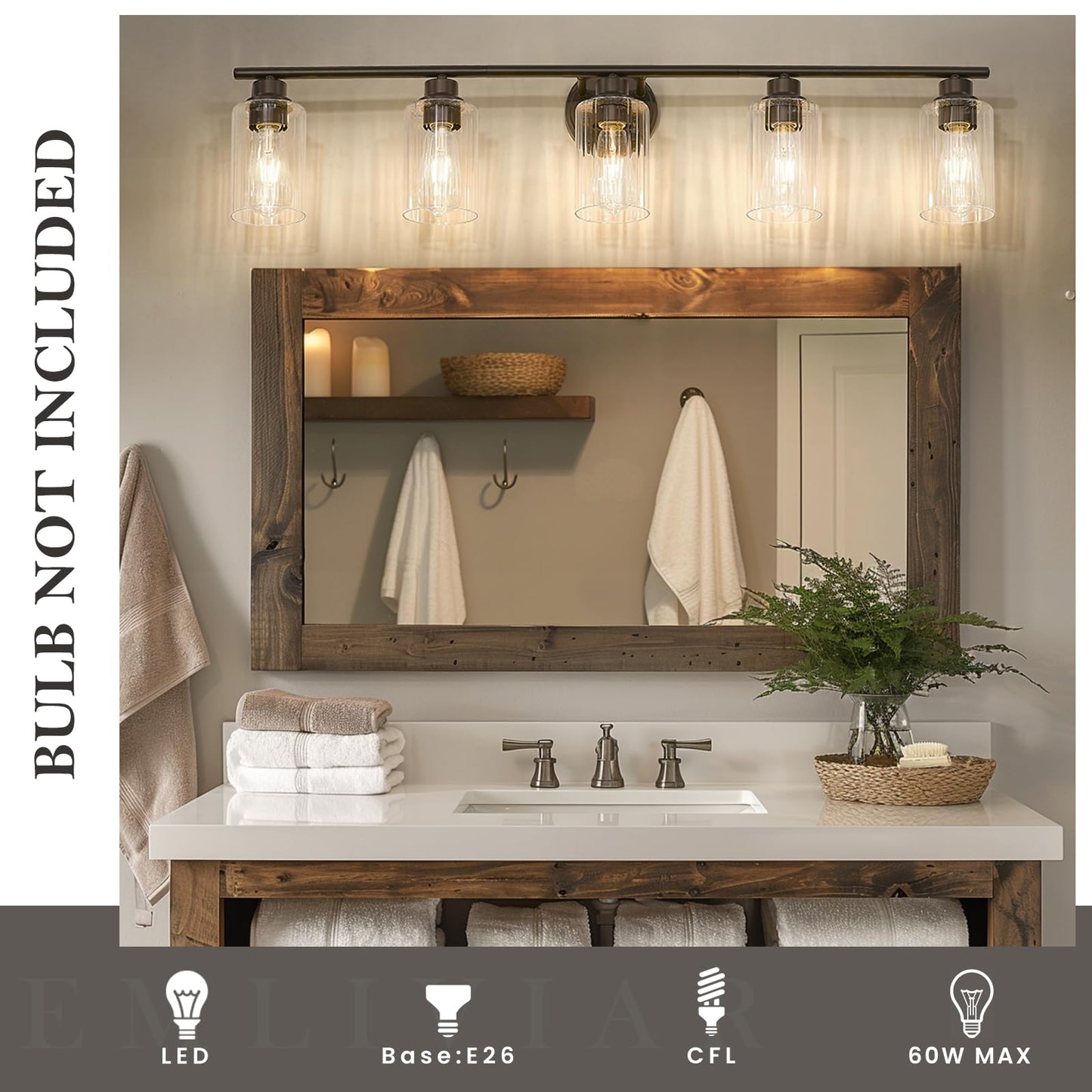Emliviar Rustic Vanity Light Fixture, 5-Light - 40 Inch, Fluted Ripple Glass, Oil Rubbed Bronze Finish, Model YE295B
