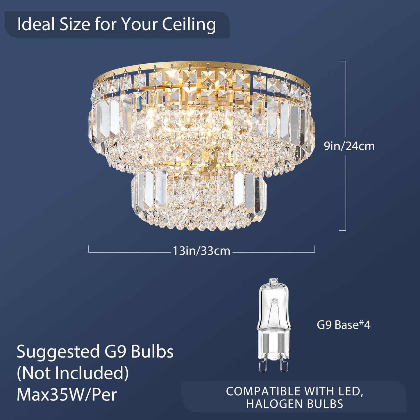 Bestier Modern Flush Mount Chandelier, Gold, LED Ceiling Light Fixture, 4 G9 Bulbs Required, 13in Diameter x 9in Height, Model AK-AJ-18176