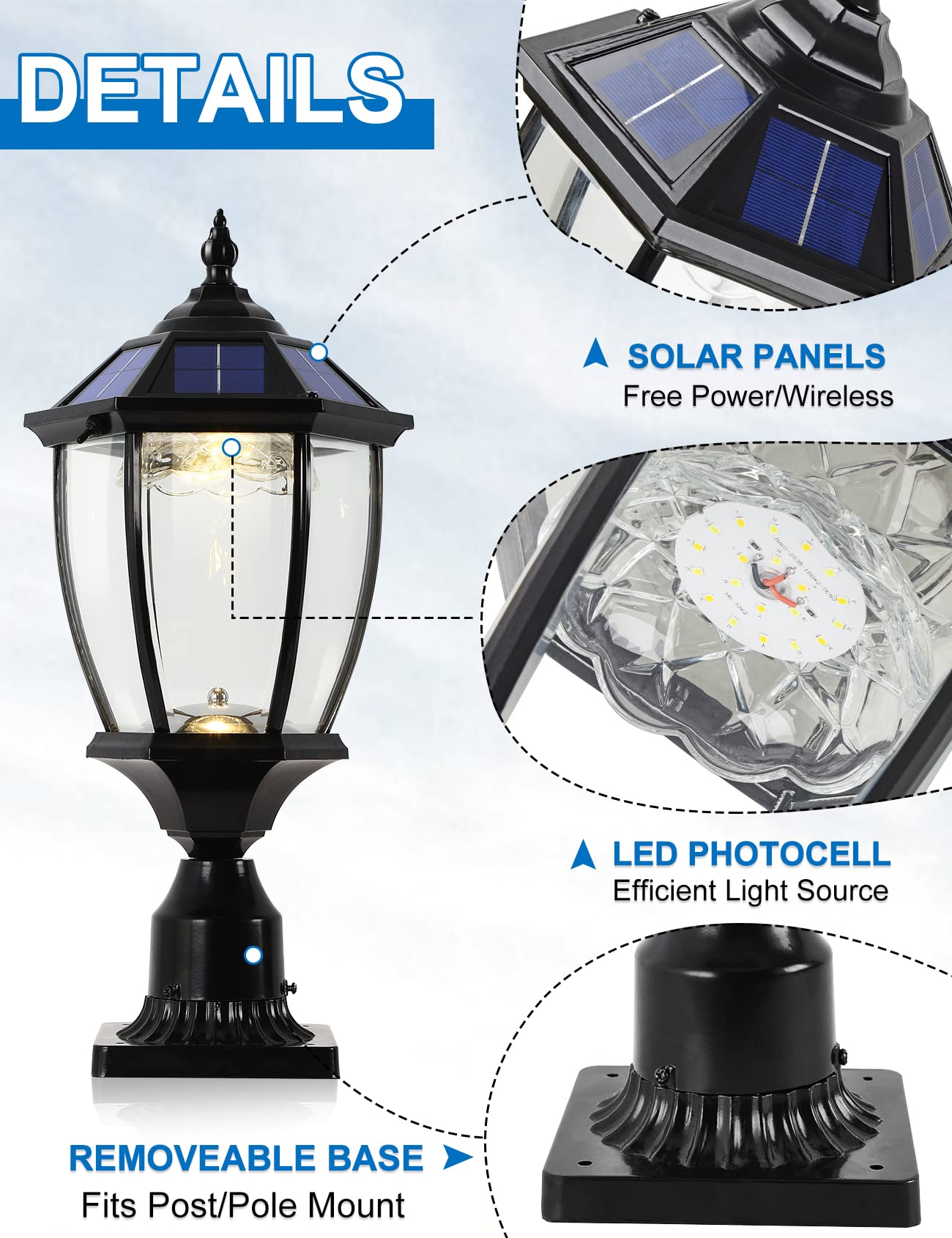 GYDZ Solar Outdoor Lamp Post Light, Dusk to Dawn, Waterproof, Aluminum, Black, Model 6531SE-BLACK, Ideal for Porch and Pathway