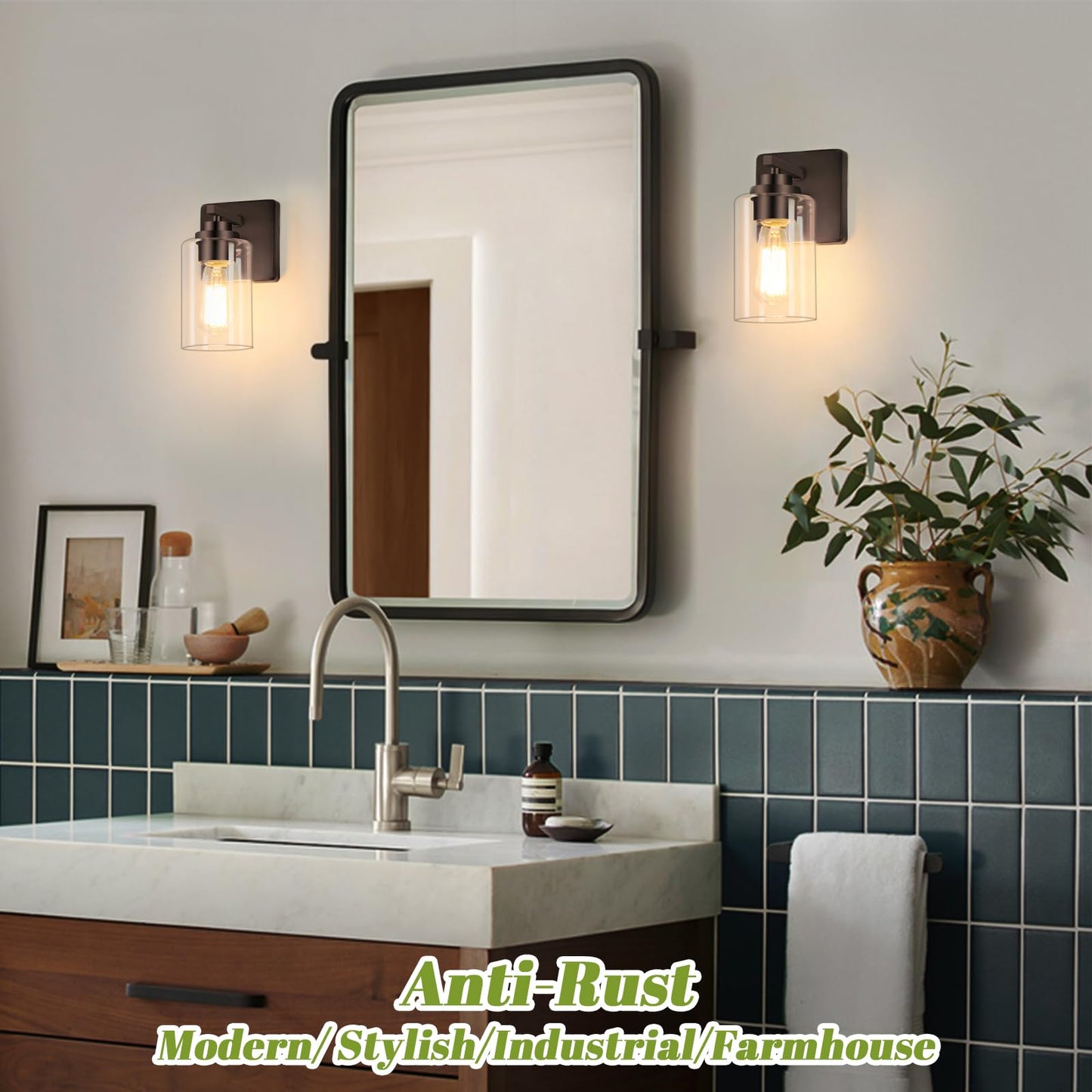 VerRon Wall Sconces, 2-Light Modern Vanity Light Fixtures, Oil Rubbed Bronze, Glass Shade, Model B04014P(2PK)