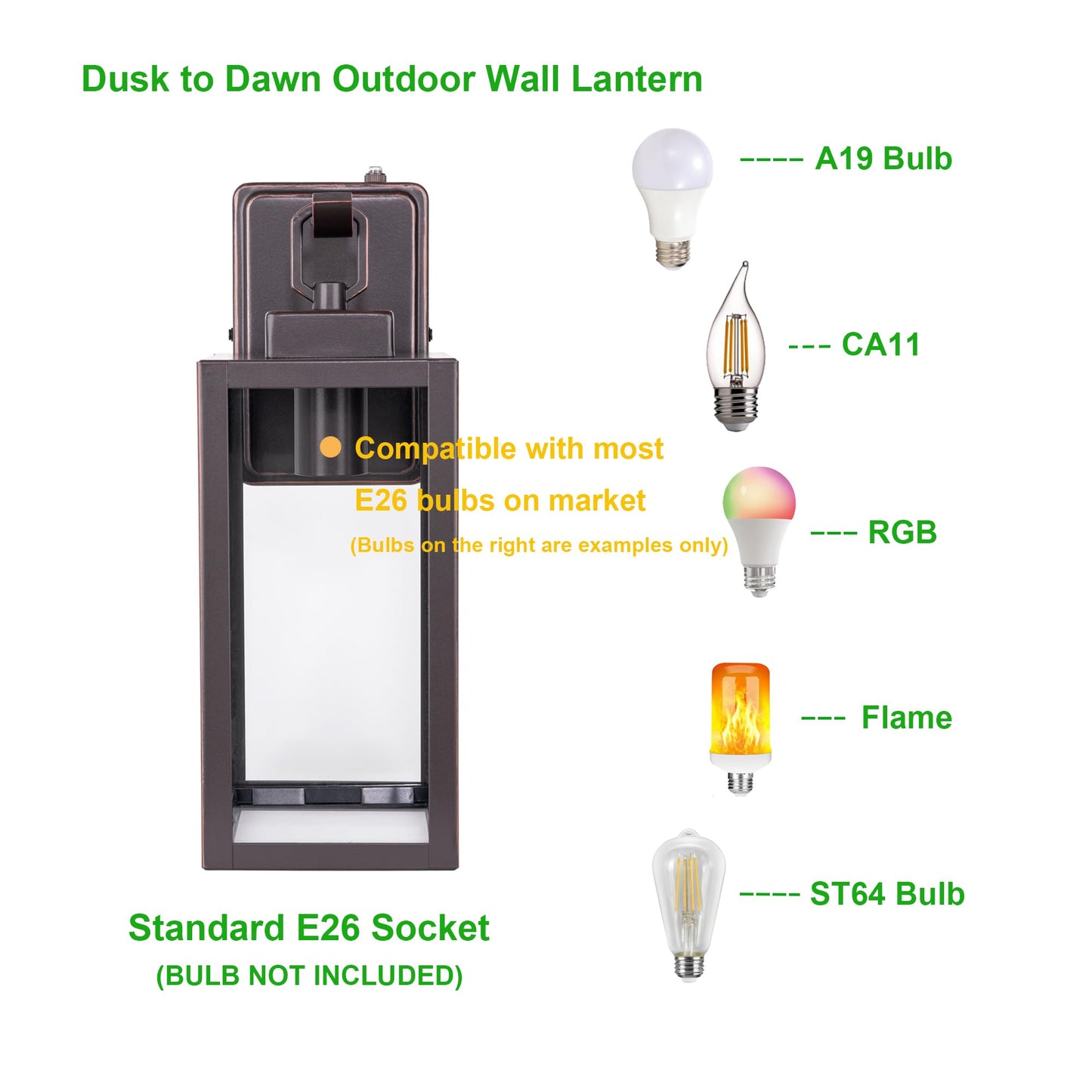 LIT-PaTH Outdoor Wall Lantern Sconce, Dusk to Dawn, Anti-Rust Metal, Glass Shade, 2-Pack, Oil Rubbed Bronze, E26 Base, Max 60W