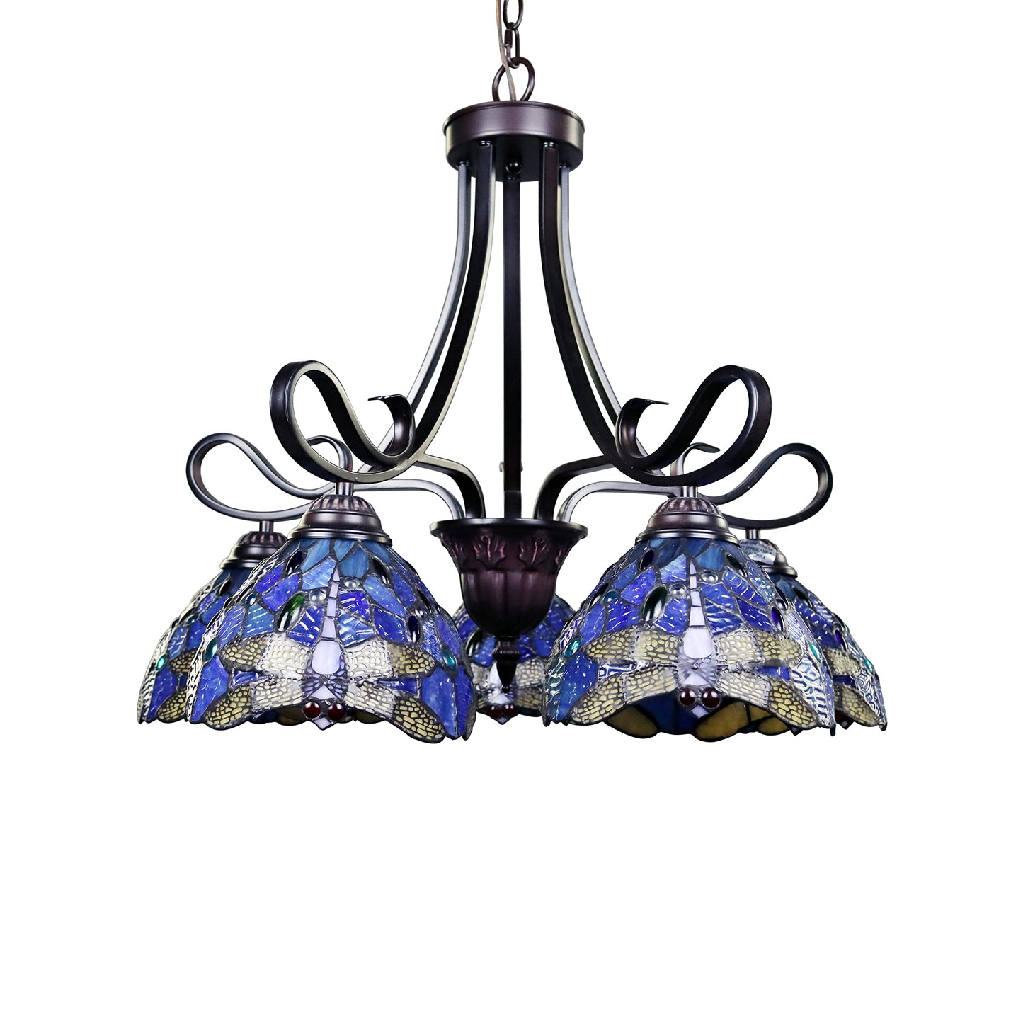 Chloe Lighting Dragonfly Tiffany-Style Chandelier, 5 Light, Dark Bronze, 25in Wide, Multicolor, Model CH3T524BD25-DD5