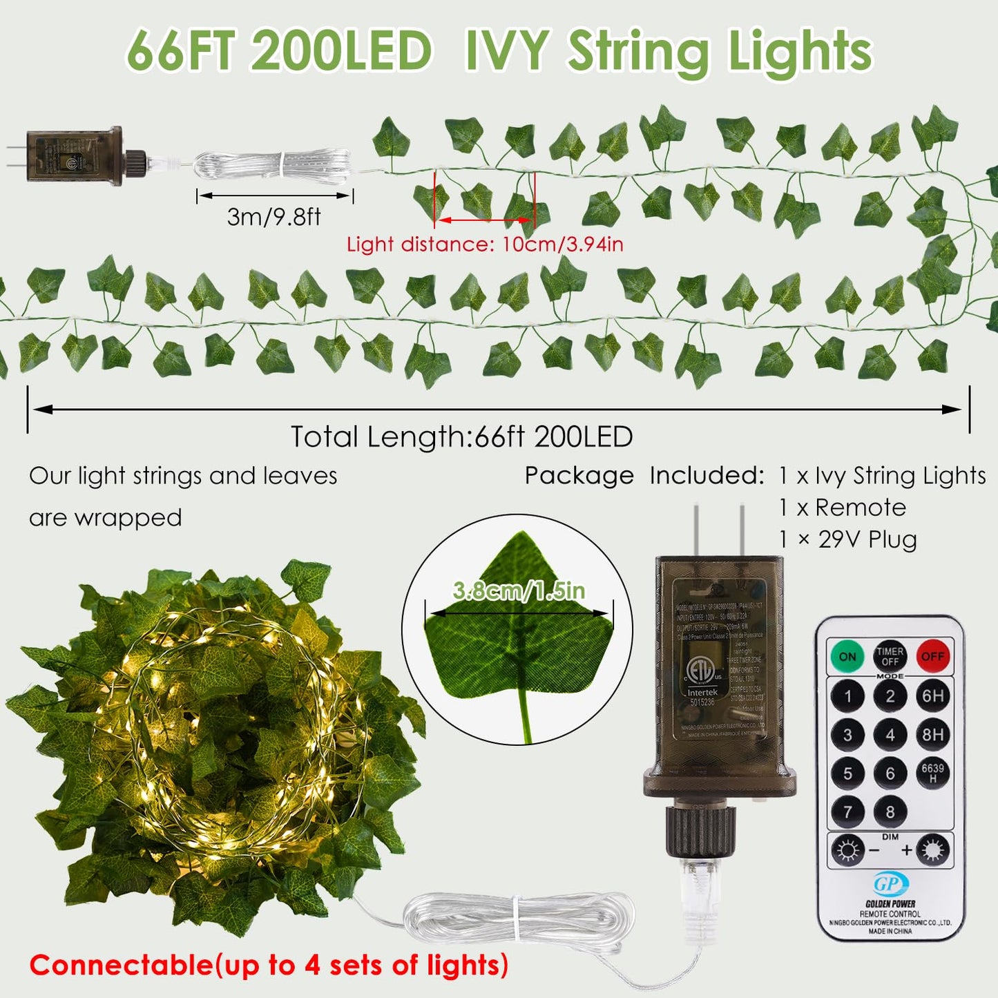 OMIKA Ivy String Lights with Remote, 66FT 200 LEDs, Plug-in, Warm White, Waterproof for Bedroom, Garden, Party Decor