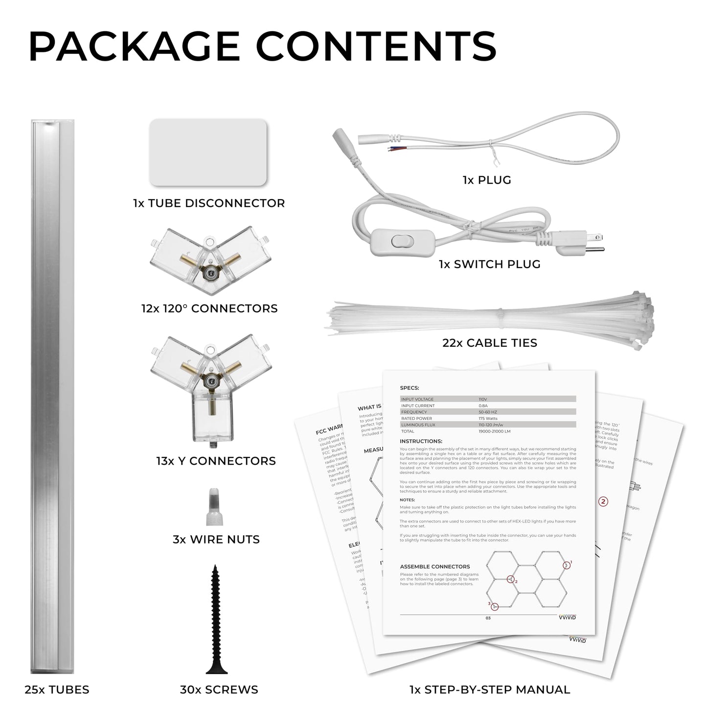 VViViD HEX-LED Modular Garage Lights 25 Tubes Kit, 19000-21000LM, 145W, Aluminum, White, Model VVHEXLED25Tube