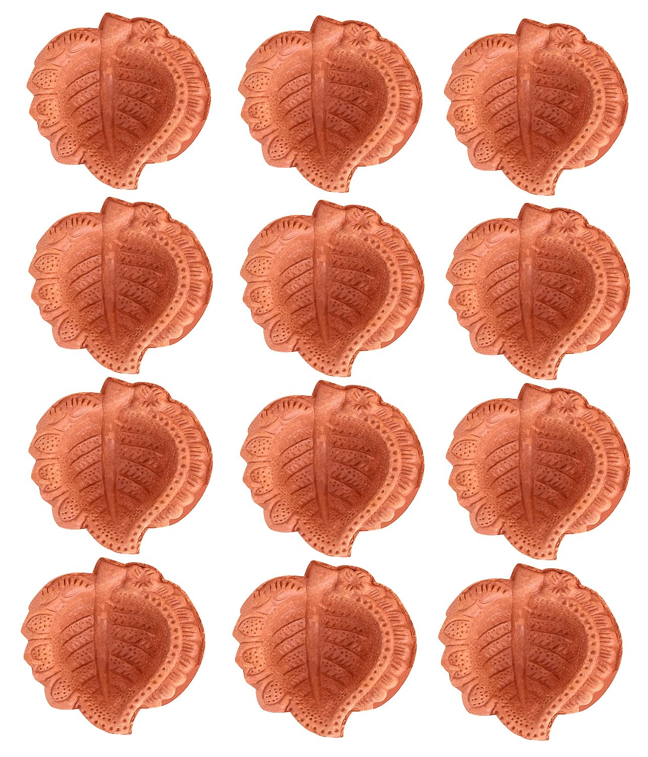 Craftsman 12 Pc Clay Diya Set, Handmade Terracotta Oil Lamps, Design 2, Brown, Model DIYA113 for Diwali Festive Decor