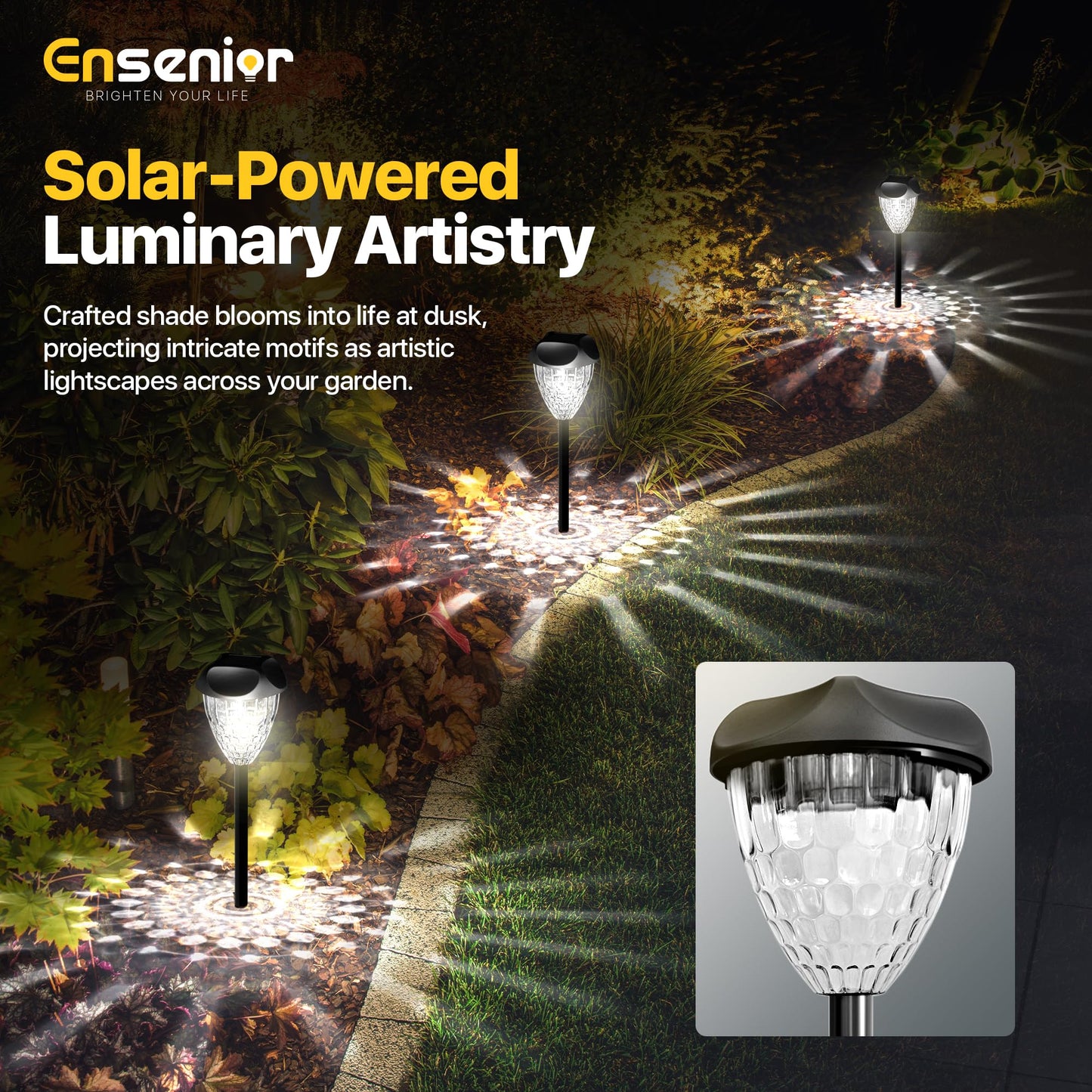 Ensenior 8-Pack Solar Garden Lights, 6500K LED, Cool White, Waterproof, Auto ON/OFF, Plastic, Model CP3-10CM-65K-08-BL